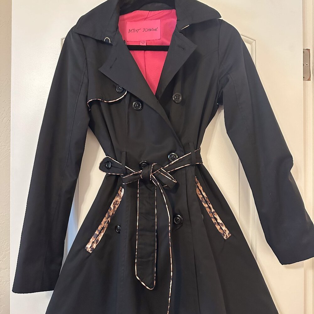 Betsey Johnson Black Button Leopard Detail Trench Coat XS